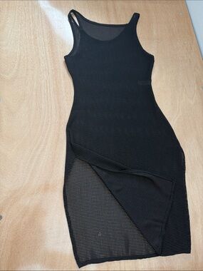 Black Sleeveless Sheer Mesh Midi Dress w Side Slits - Sleek Women's Bodycon